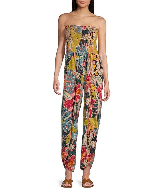 Angie Smocked Strapless Split Tropical Floral Jumpsuit Product Image