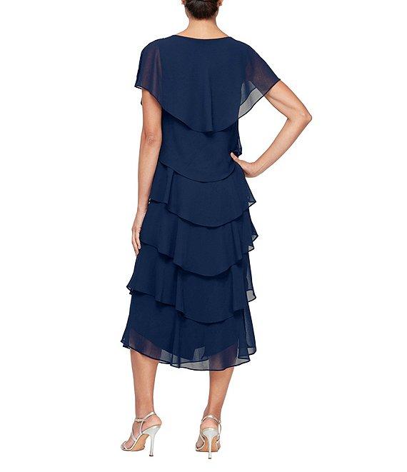 Ignite Evenings Cap Sleeve Crew Neck Beaded Trim Detail Chiffon Tiered Dress Product Image
