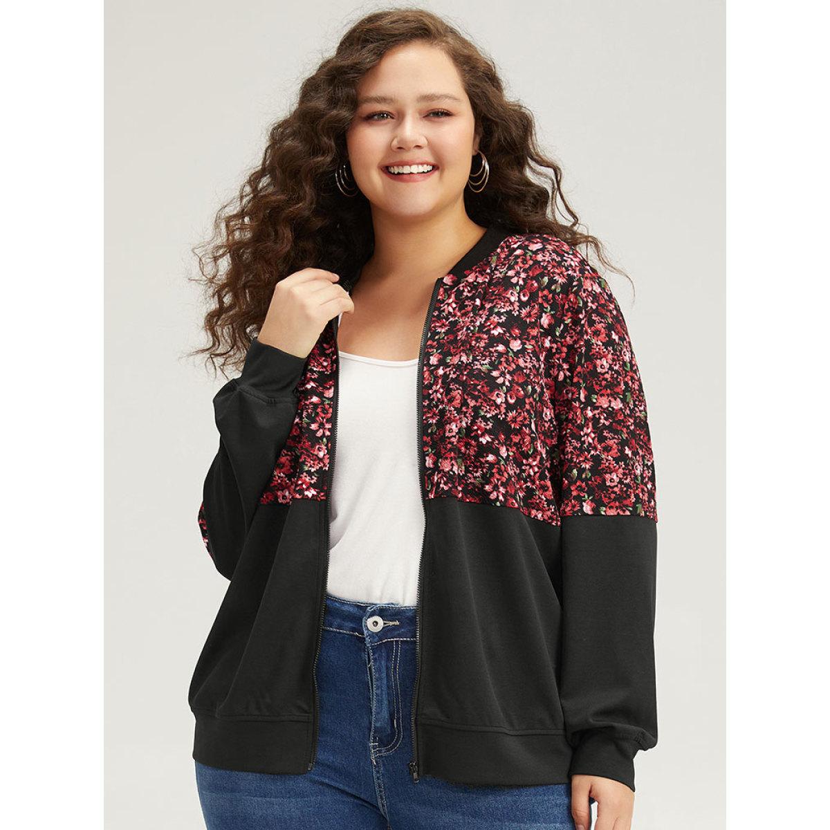 Plus Size Ditsy Floral Patchwork Zipper Elastic Cuffs Jacket Women Black Elastic cuffs Dailywear Jackets BloomChic 10/M Product Image