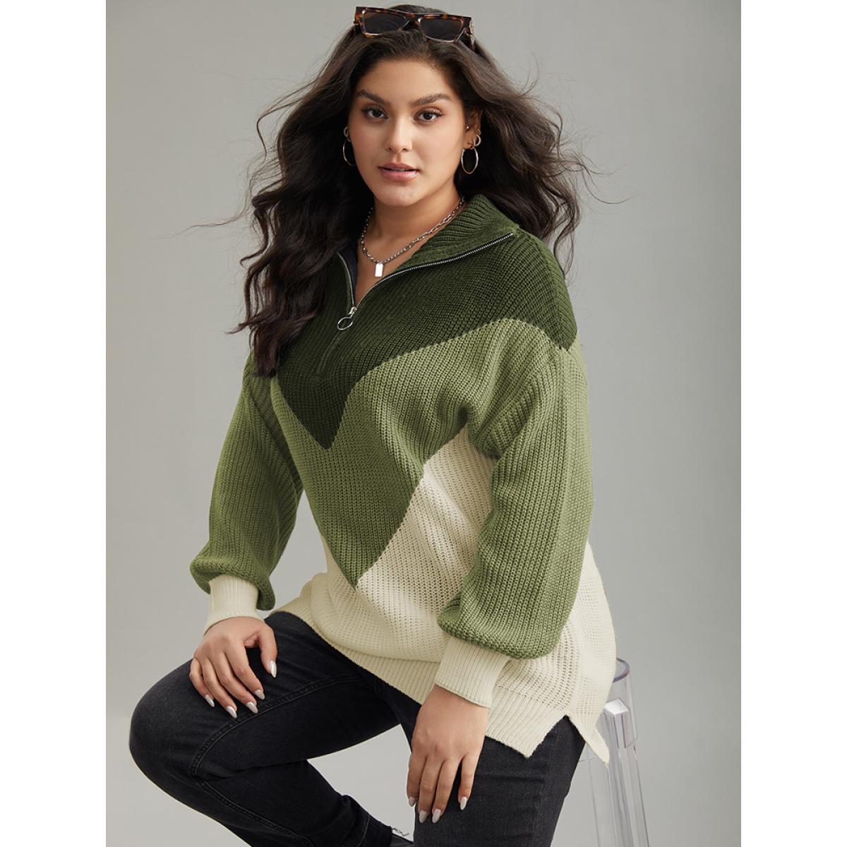 Plus Size Colorblock Patchwork Zipper Lapel Collar Pullover ArmyGreen Women Casual Long Sleeve Lapel Collar Everyday Pullovers BloomChic 14-16/1X Product Image