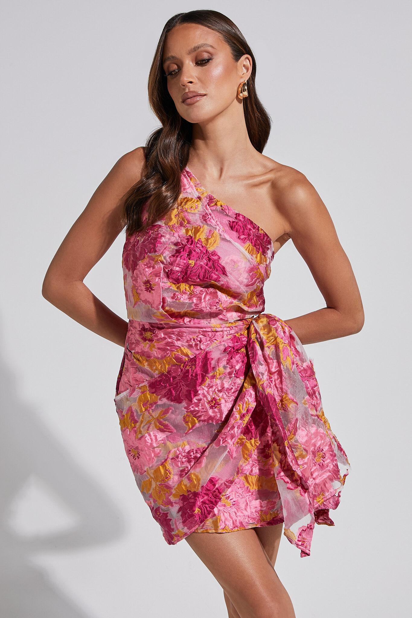 Brailey Mini Dress - One Shoulder Wrap Front Dress in Pink Jacquard Product Image