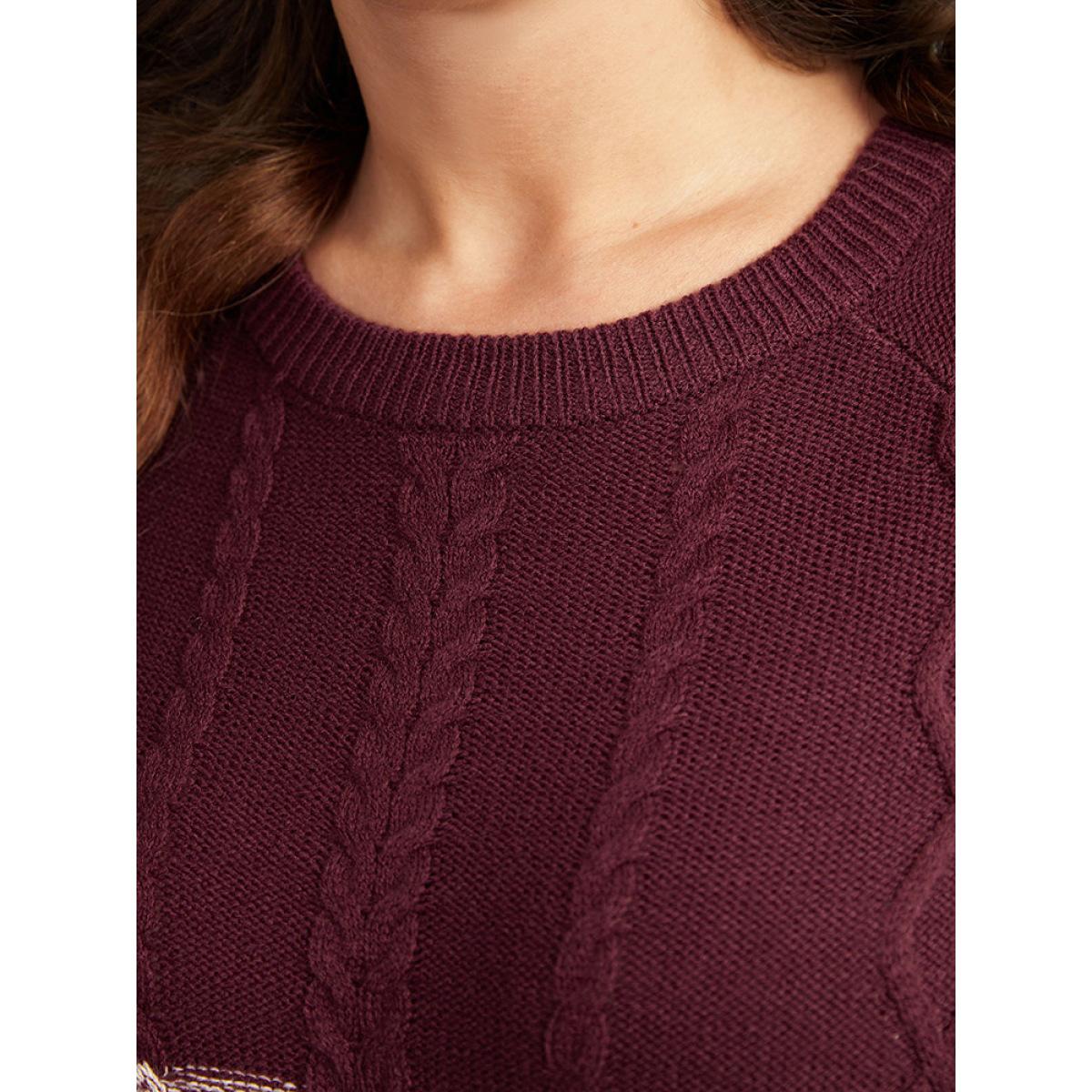 Plus Size Cable Knit Heather Colorblock Patchwork Pullover Burgundy Women Casual Loose Long Sleeve Round Neck Dailywear Pullovers BloomChic 22-24/3X Product Image