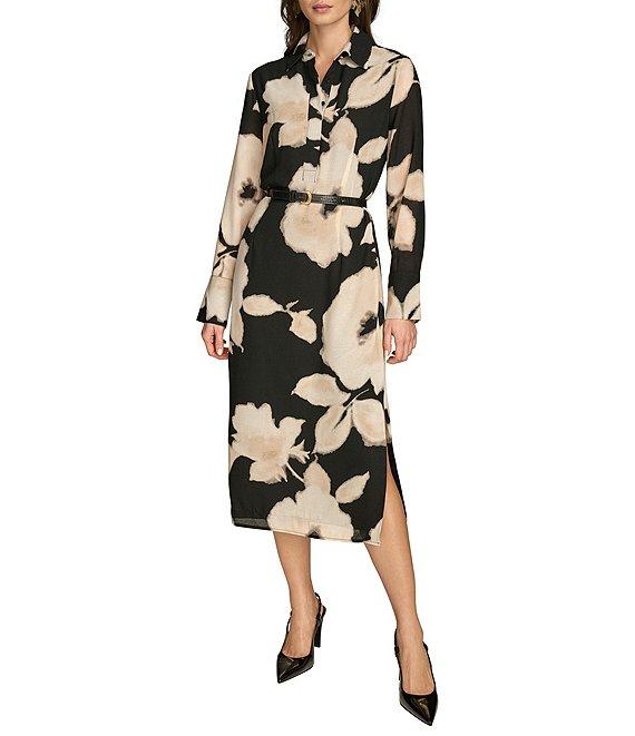 Donna Karan Chiffon Collared V-Neck Long Sleeve Belted Sheath Midi Dress Product Image