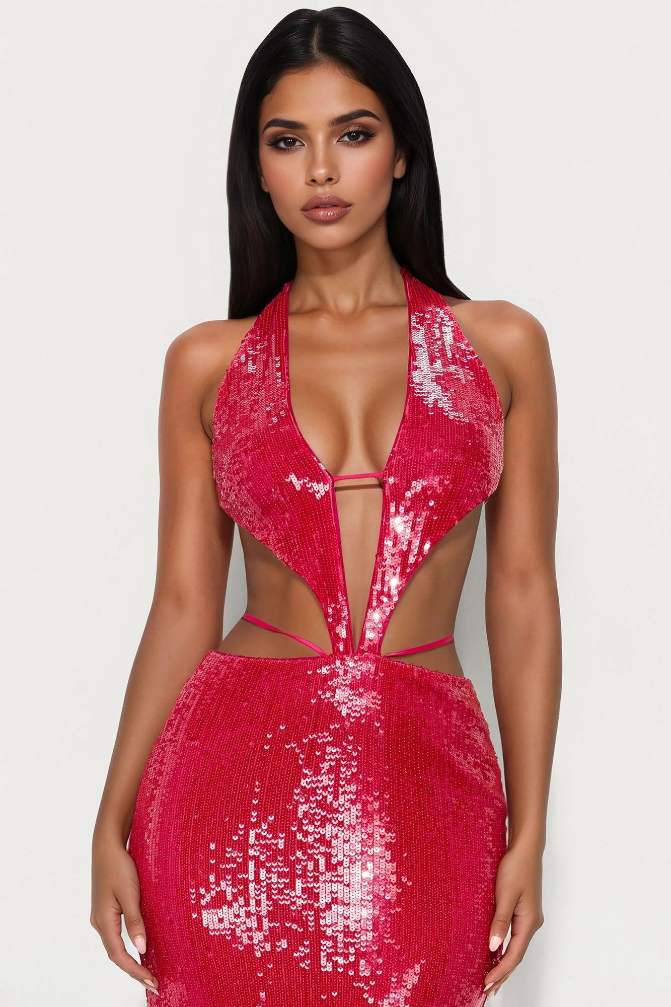 Juliana Sequin Cut Out Maxi Dress - Hot Pink Female Product Image