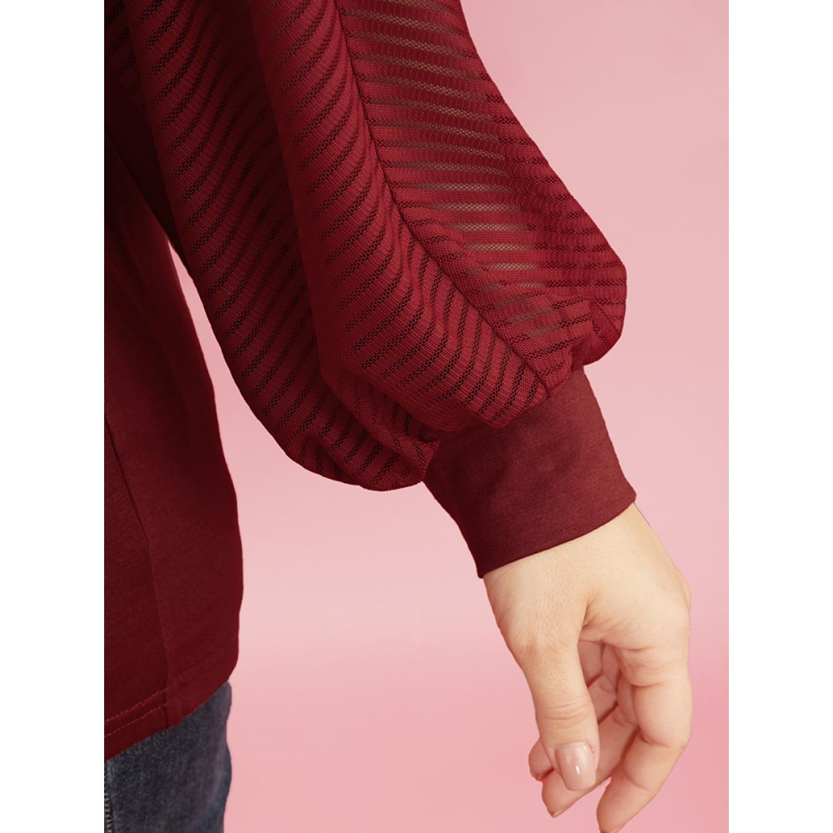 Plus Size Striped Mesh Patchwork Dolman Sleeve V Neck Long Tee Scarlet Women Elegant See through Plain Round Neck Dailywear T-shirts BloomChic 10/M Product Image