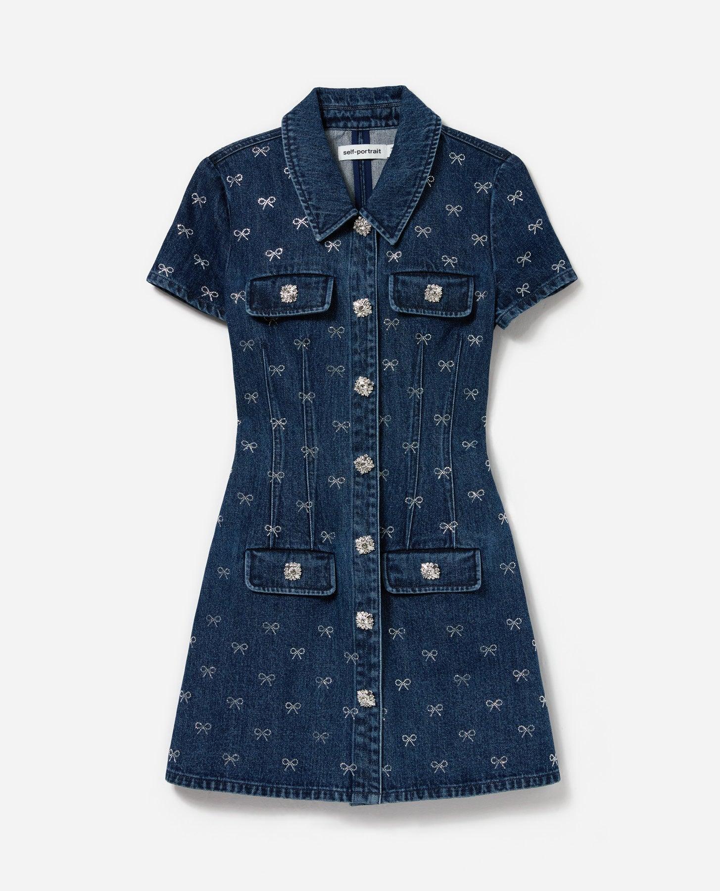 Denim Diamante Bow Collared Mini Dress Product Image