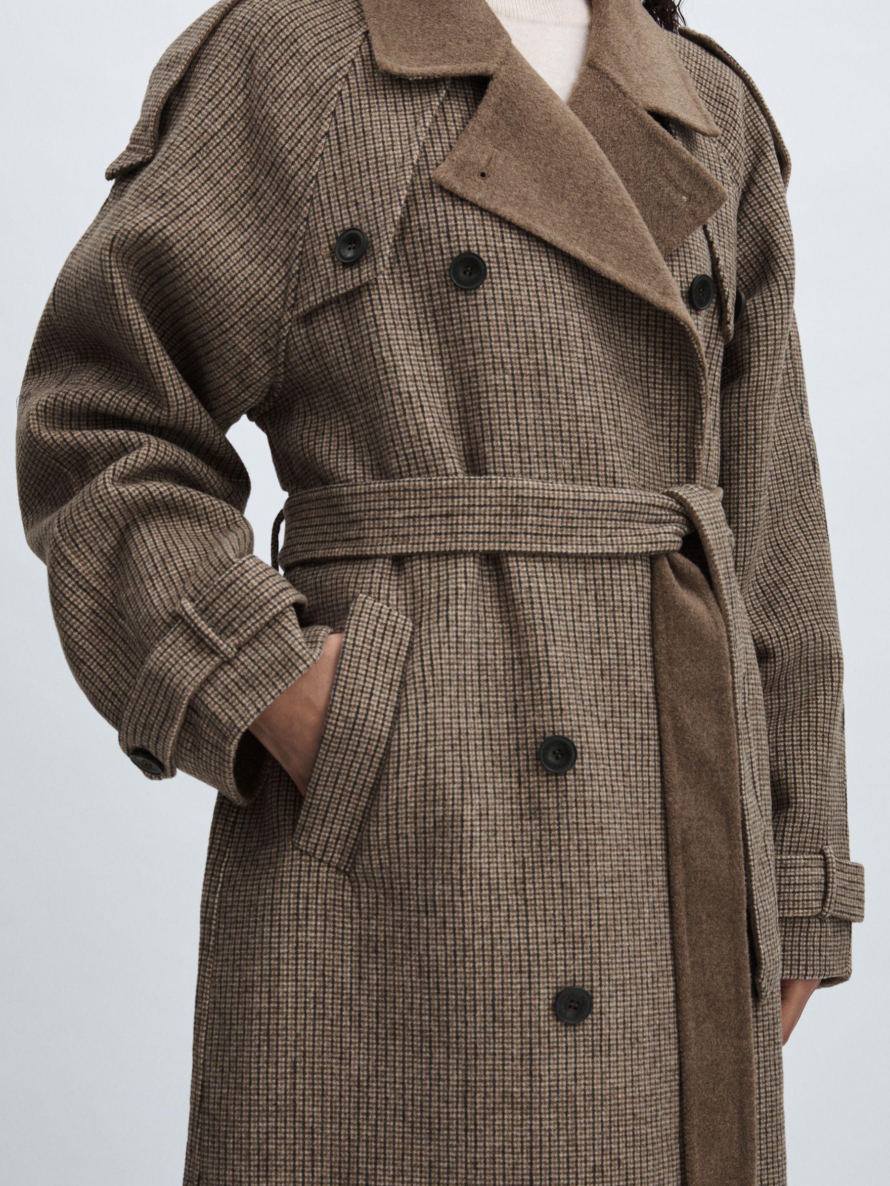 Meotine Beige Check Wool-Blend Houndstooth-Check Trench Coat in Beige Check Product Image