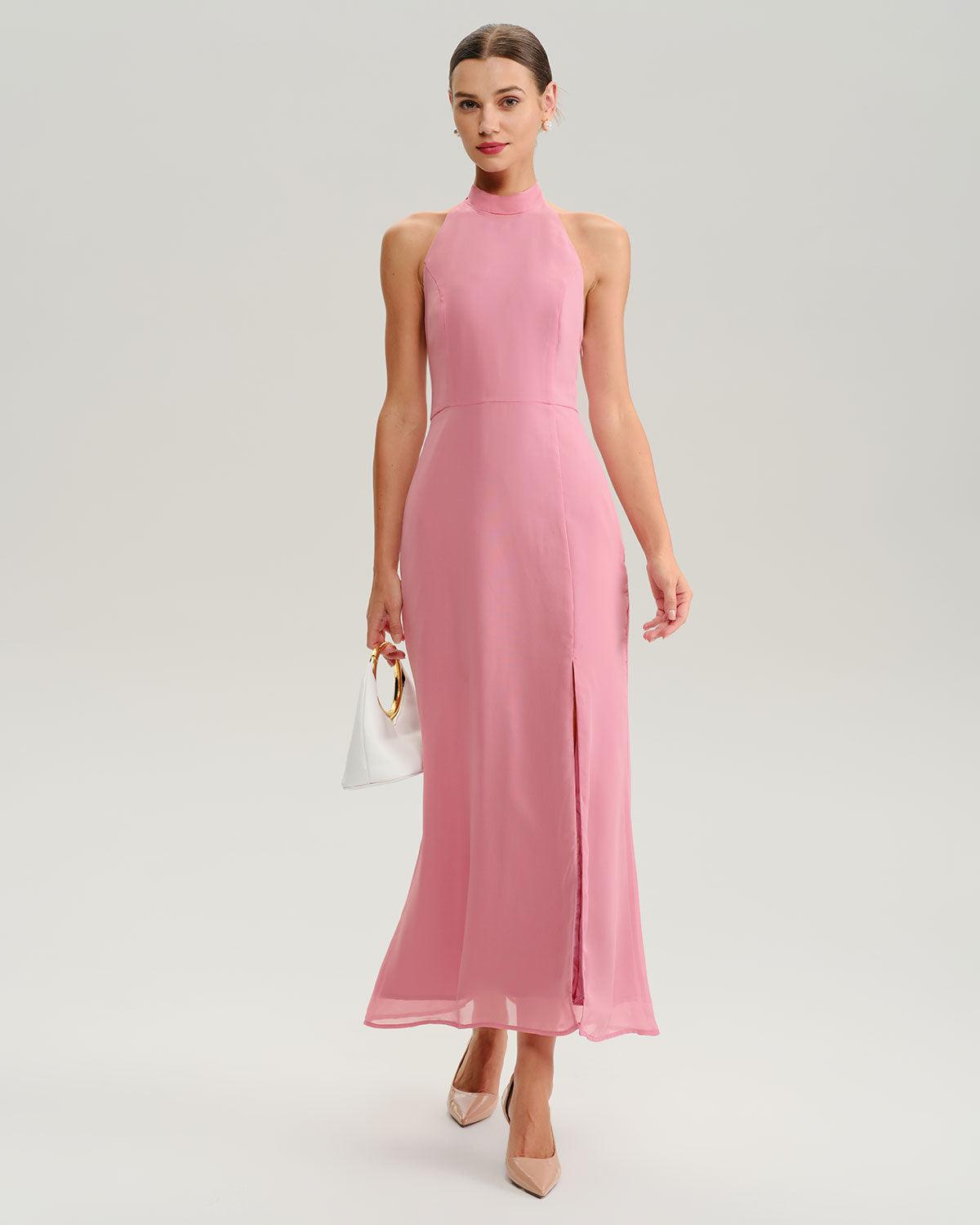 Pink Mock Neck Backless Maxi Dress Product Image