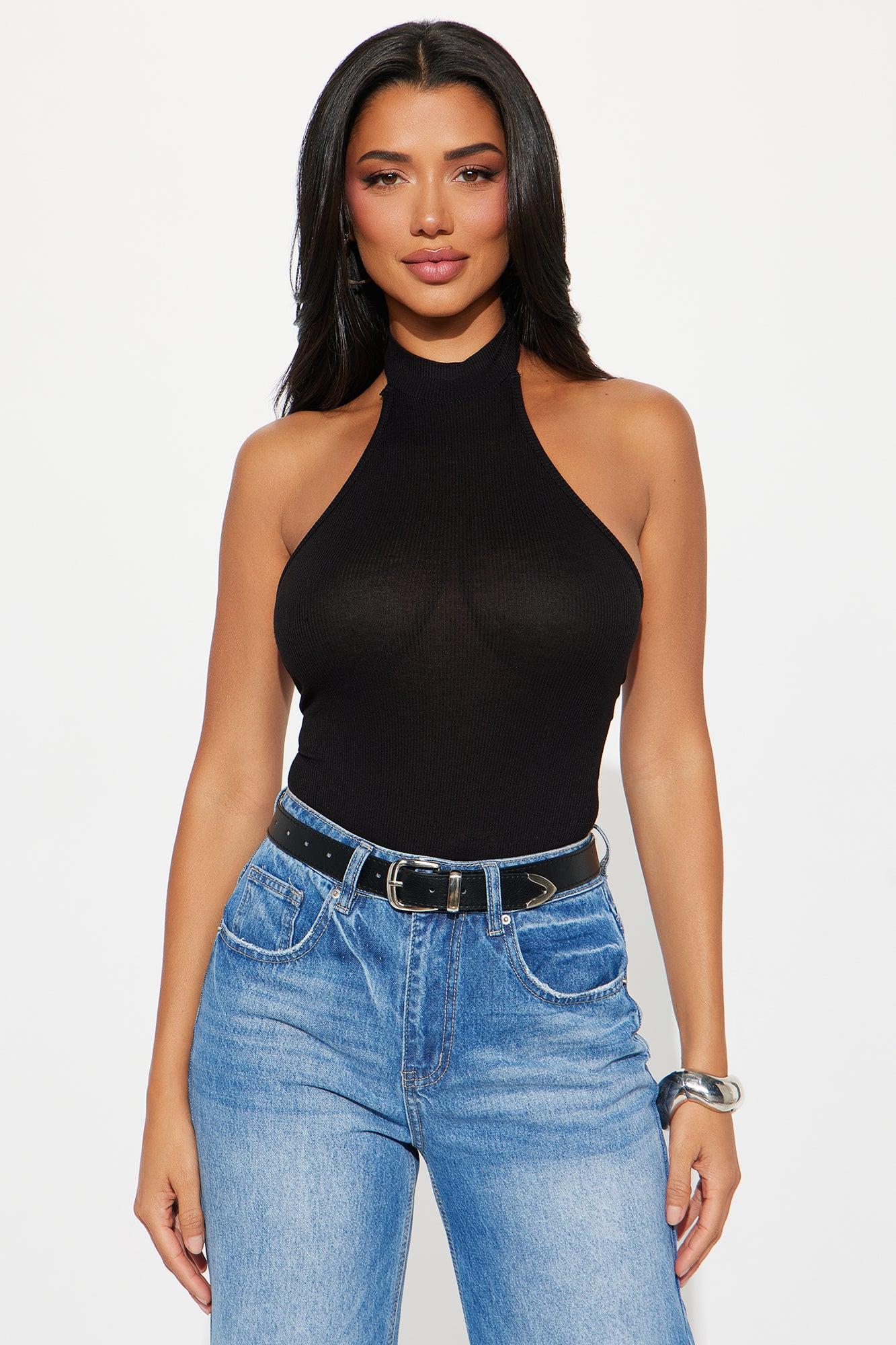 Bitter Sweet Ribbed Halter Bodysuit - Black Product Image