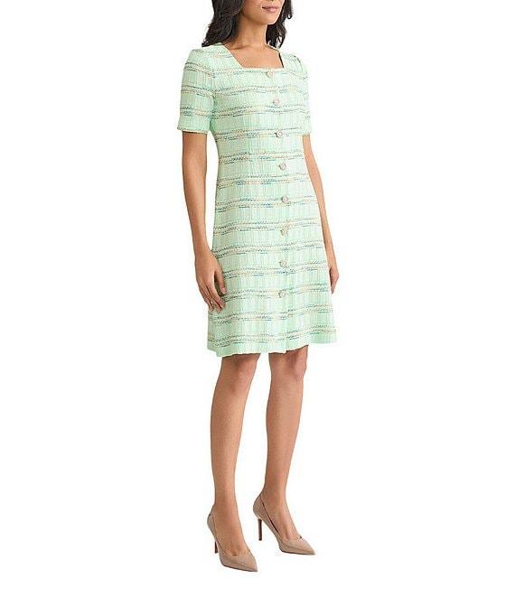 MISOOK Soft Plaid Knit Square Neck Short Sleeve A-Line Dress Product Image