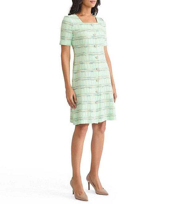 MISOOK Soft Plaid Knit Square Neck Short Sleeve A-Line Dress Product Image