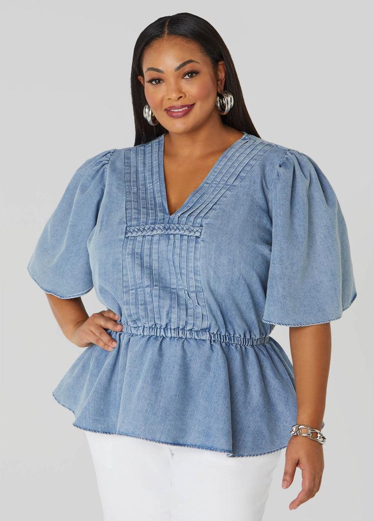 Plus Size Pleated Peplum Denim Top Ashley Stewart Product Image