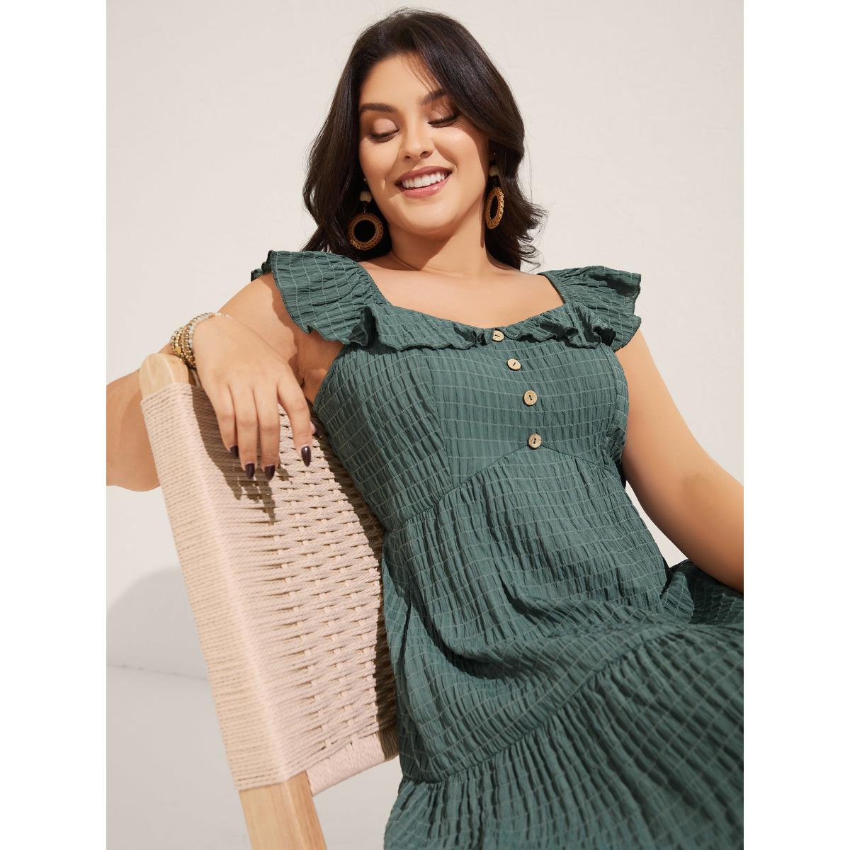 Plus Size Textured Ruffled Neck Pockets Midi Dress Emerald Women Boho Square Neck Sleeveless Curvy BloomChic 22-24/3X Product Image