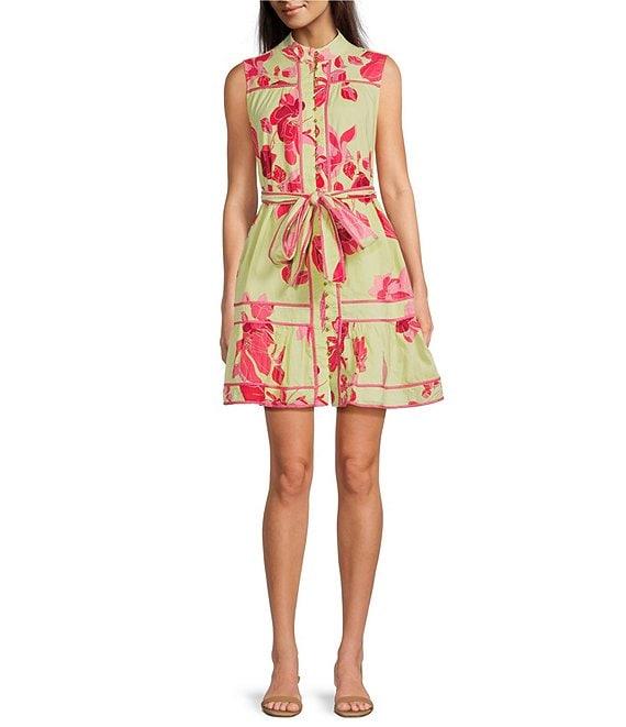 J.Marie Alara Floral Print Mock Neck Sleeveless Button Front Belted A-Line Dress Product Image