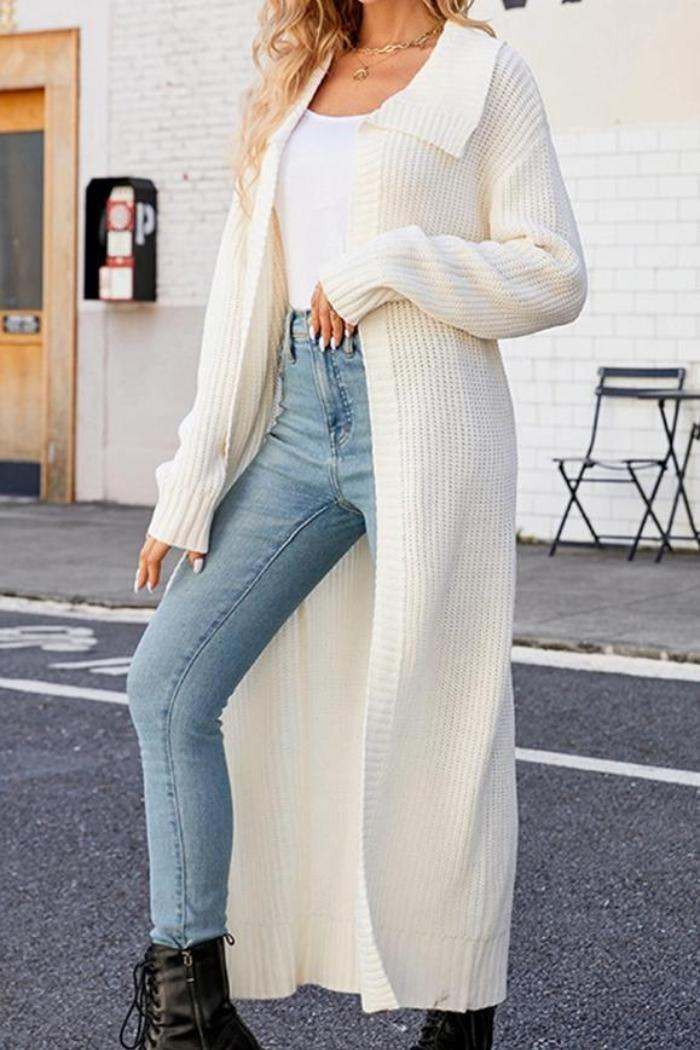 Women Waffle Knit Lapel Long Length Cardigan Product Image