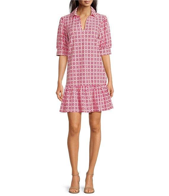 Jude Connally Tierney Terrace Geo Print Knit Point Collar V-Neck Short Puff Sleeve Drop Waist Flounce Hem Dress Product Image