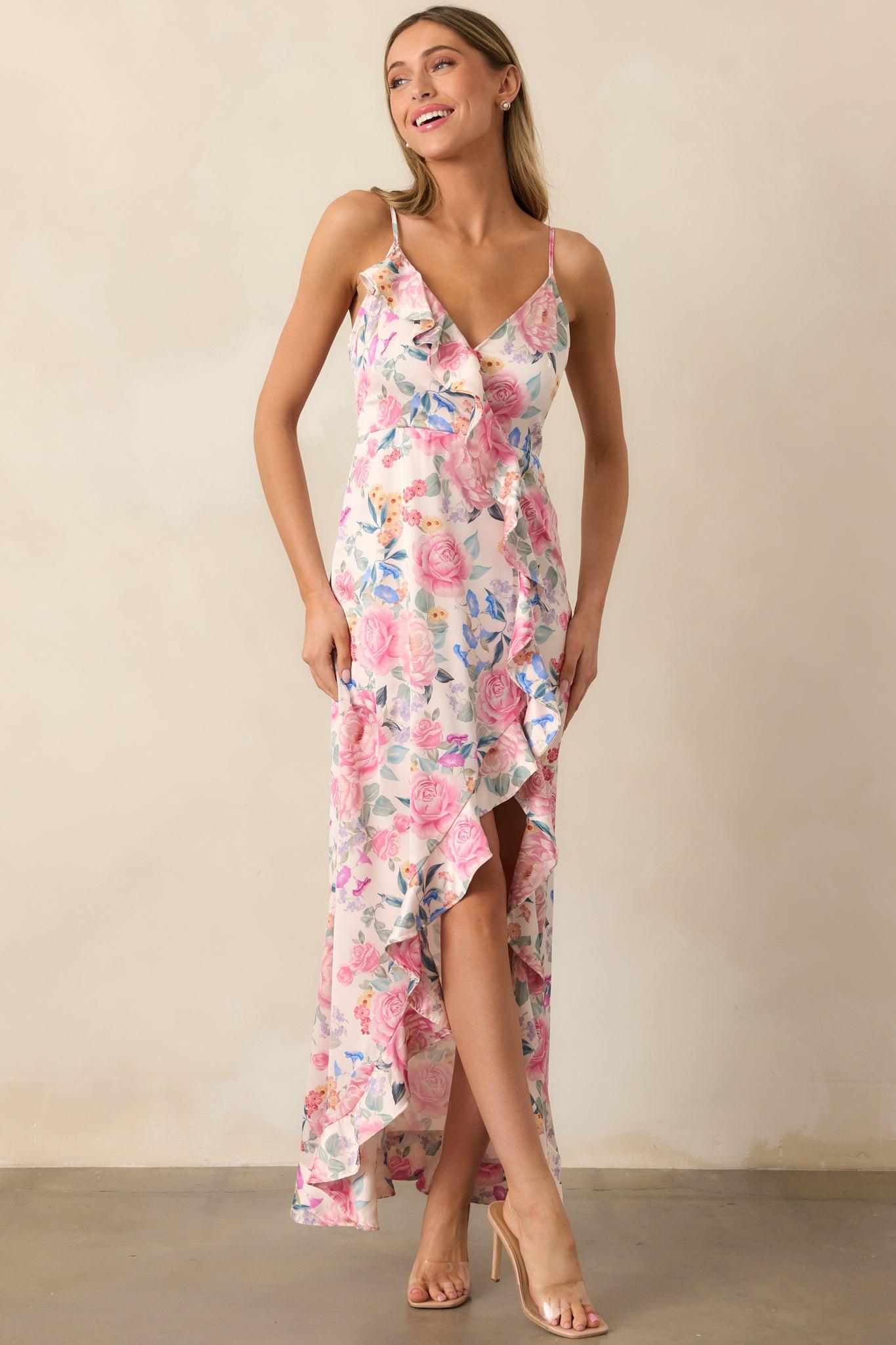 A Springtime Waltz Pink Multi Floral Ruffle Maxi Dress Product Image
