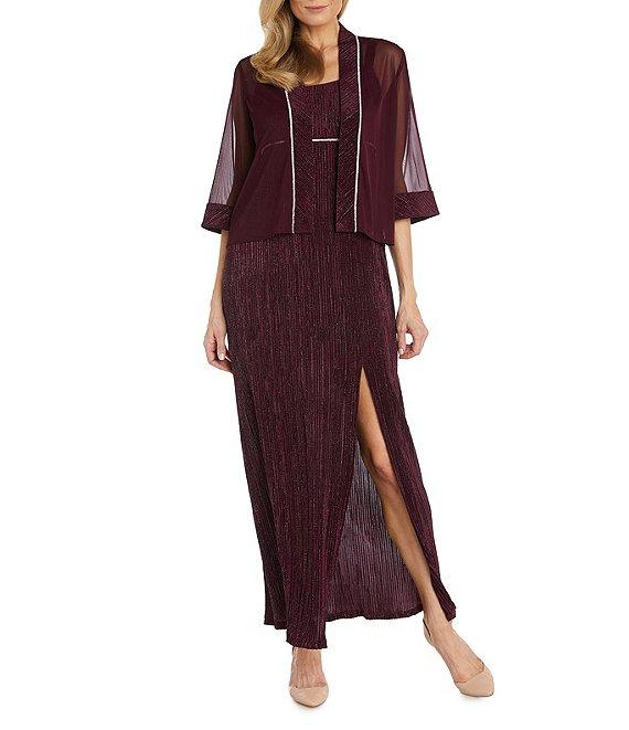 R & M Richards 3/4 Sleeve Crew Neck Front Slit Pleated 2-Piece Jacket Dress Product Image