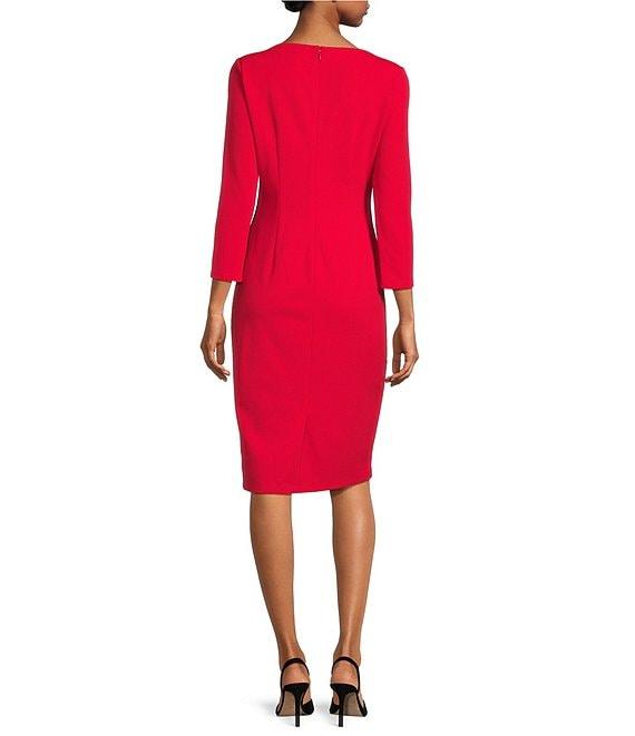 Maggy London Stretch Boat Neck 3/4 Sleeve Pleated Knot Waist Detailed Sheath Dress Product Image