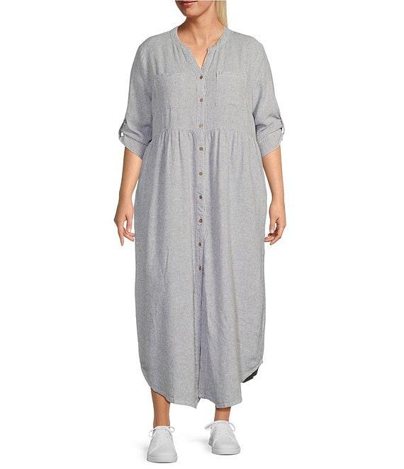 Westbound Plus Size Linen Blend Stripe 3/4 Rolled Sleeve Y-Neck Button Front Maxi Shirt Dress Product Image