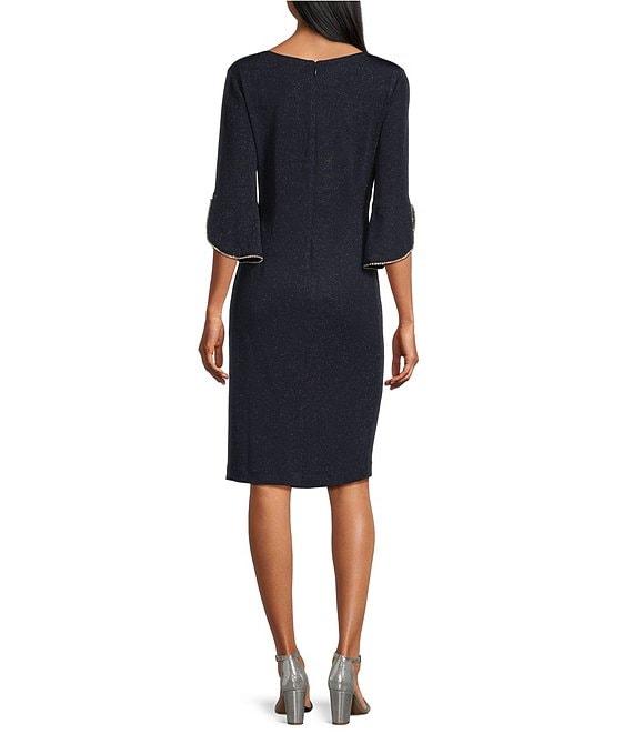 Le Bos Glitter Knit 3/4 Bell Sleeve Faux Wrap Dress Product Image
