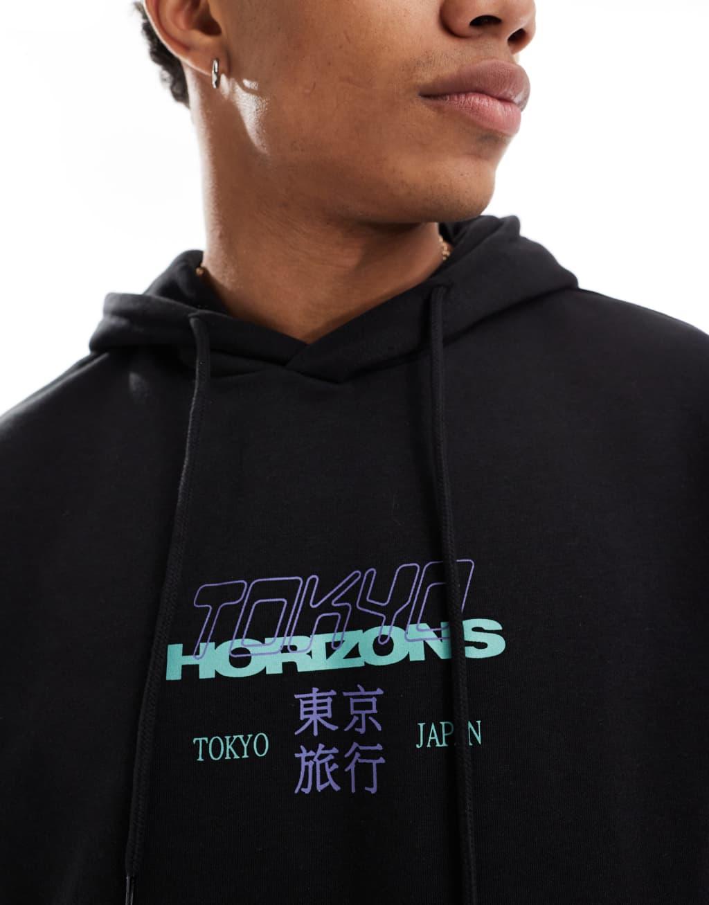 ONLY & SONS oversized hoodie with horizons back print in black Product Image