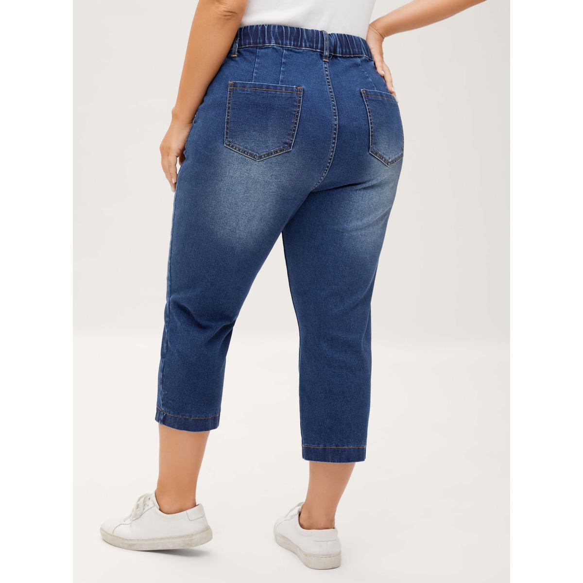 Plus Size Pull-On Drawstring Waist Crop Jeans Women Midblue Casual Medium stretch Slanted pocket Jeans BloomChic 14/1X Product Image