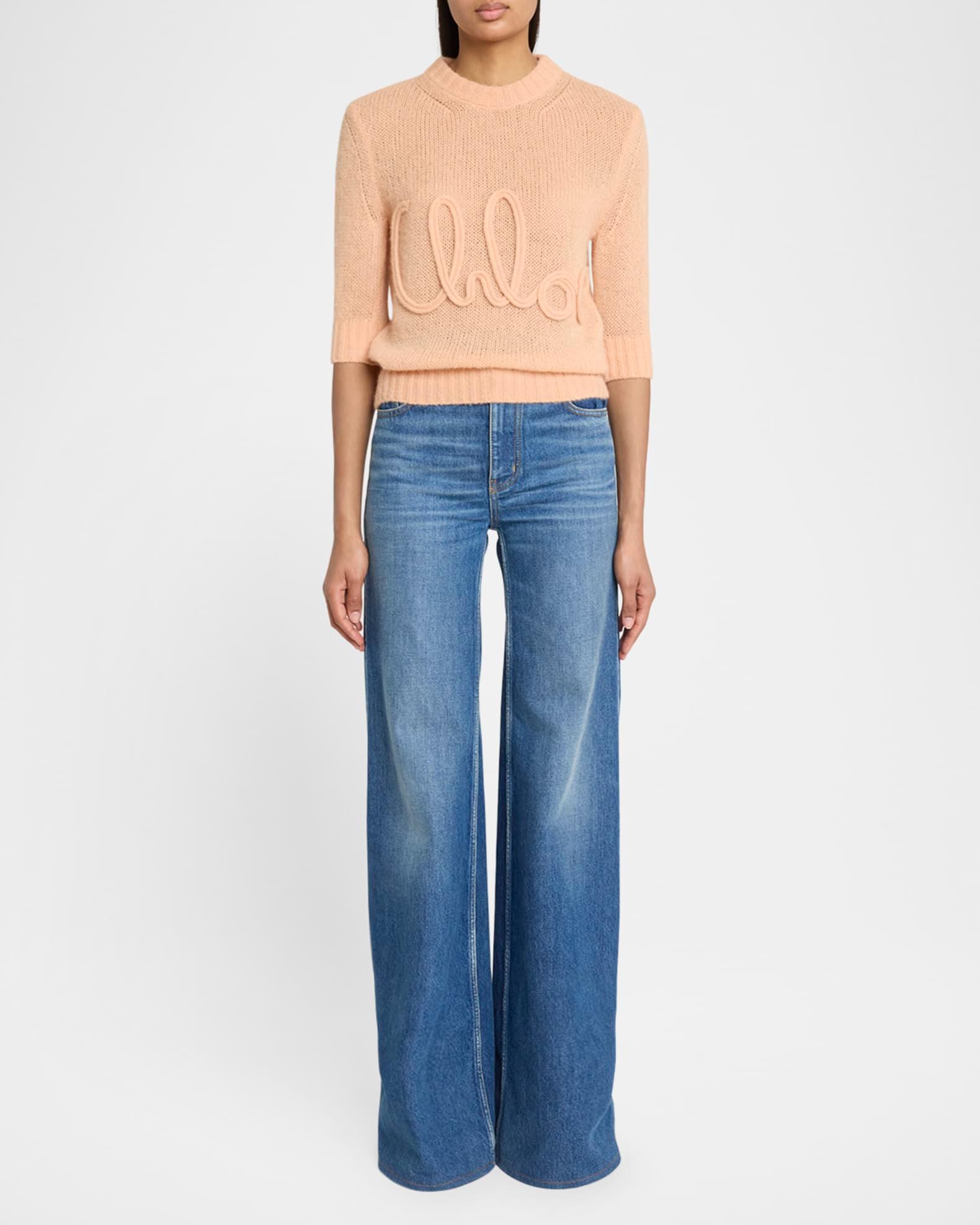 Logo Embroidered Open-Knit 3/4-Sleeve Sweater Product Image