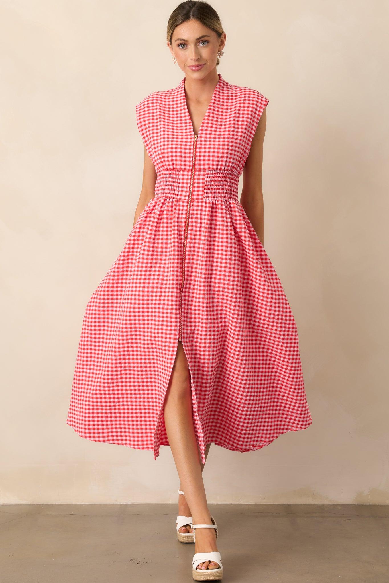 The Evette Red Gingham Zip Front Midi Dress Product Image