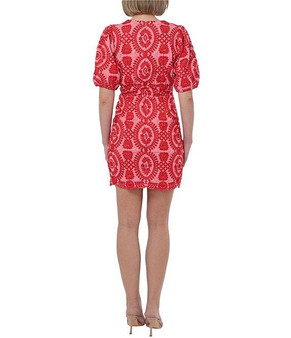 Adelyn Rae Rosemary Eyelet Embroidered Print V Neck Short Puff Sleeve Sheath Mini Dress Product Image