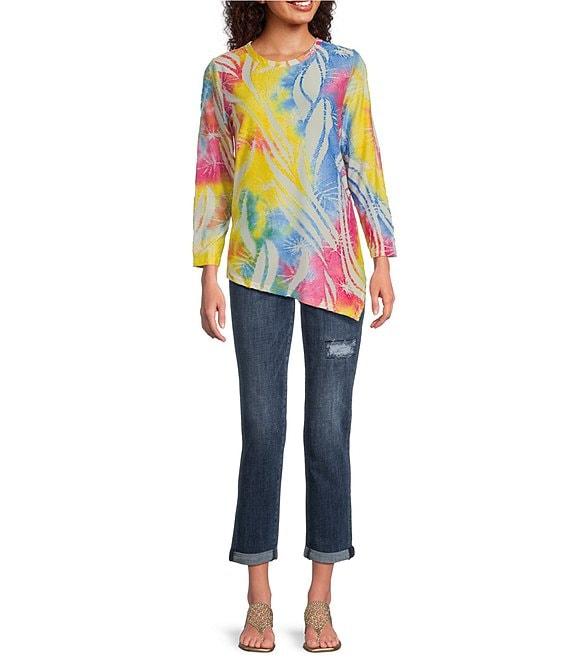 Calessa Petite Size Burnout Tie-Dye Crew Neck Bracelet Sleeve Asymmetric Hem Tunic Product Image
