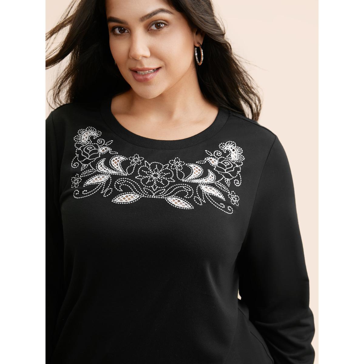 Plus Size Broderie Anglaise Round Neck Sweatshirt Women Black Elegant Broderie anglaise Round Neck Everyday Sweatshirts BloomChic 22-24/3X Product Image