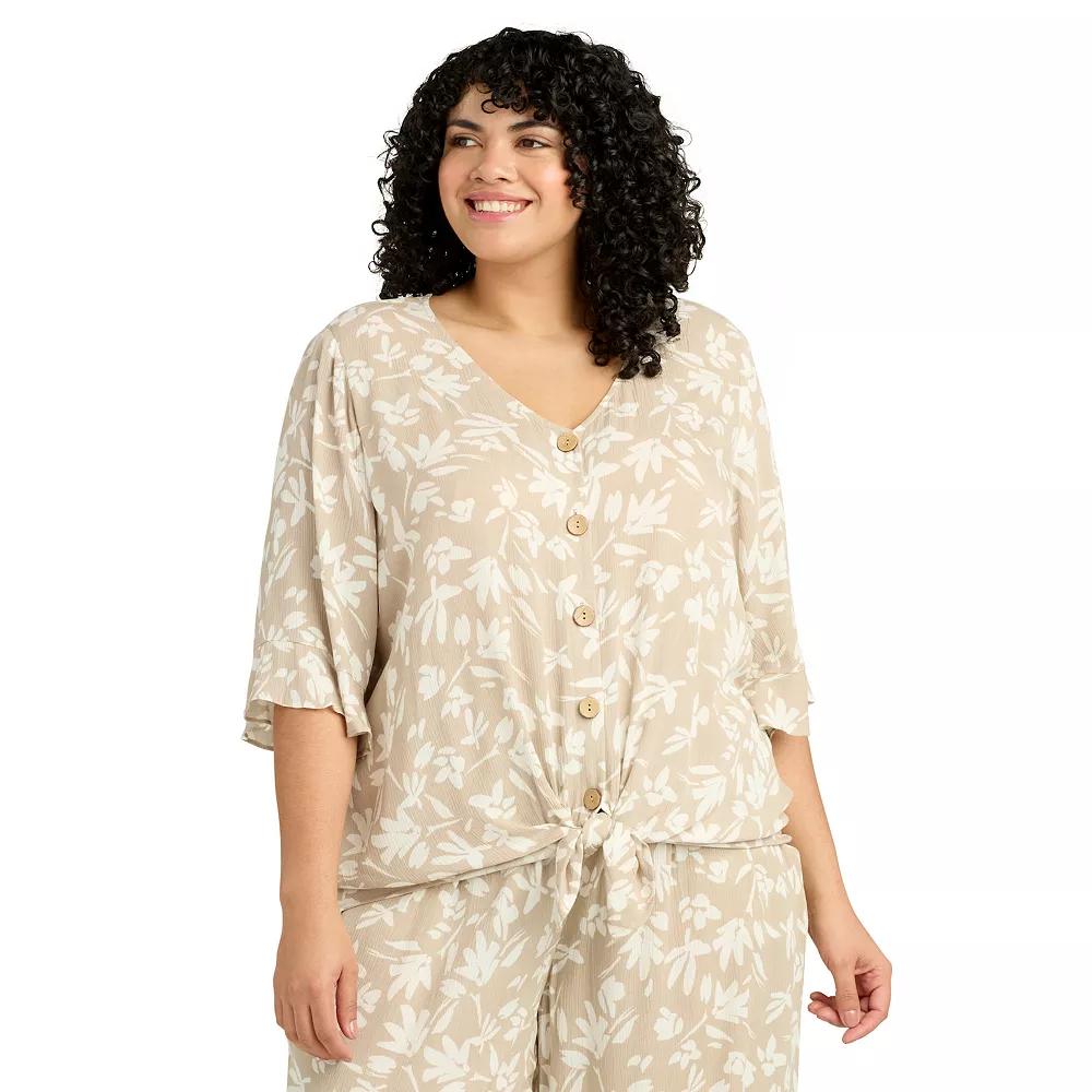 Plus Size AB Studio Elbow Sleeve Button-Front Top, Womens Brown Grnd Floral Product Image