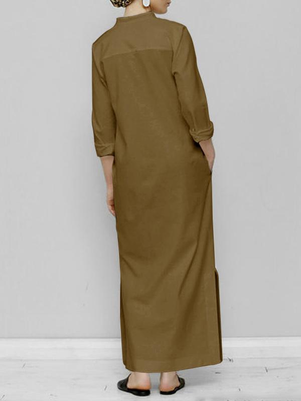 Long Sleeves Loose Solid Color Split-Joint V-Neck Maxi Dresses Product Image