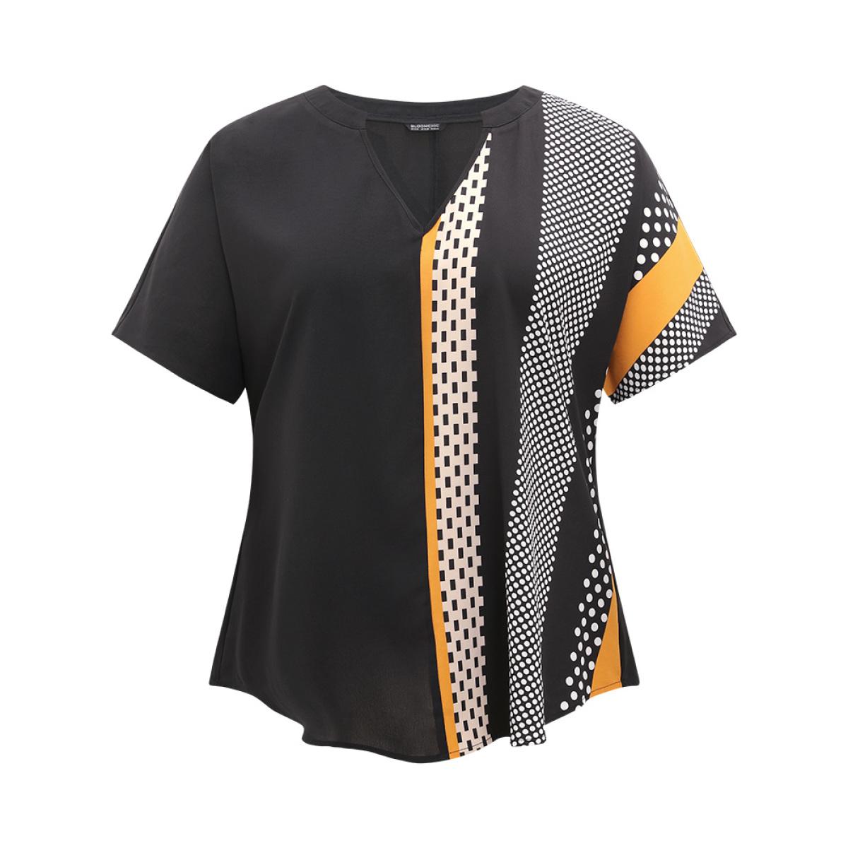 Plus Size Black Contrast Patchwork Notched Arc Hem Blouse Women Elegant Short sleeve Notched collar Dailywear Blouses BloomChic 12/L Product Image