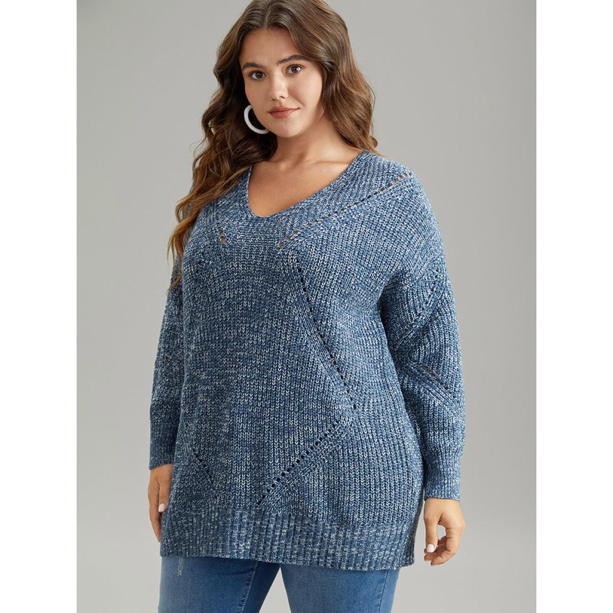 Plus Size Heather Elastic Cuffs Cut Out Pullover Stone Women Casual Loose Long Sleeve V-neck Dailywear Pullovers BloomChic 28/5X Product Image