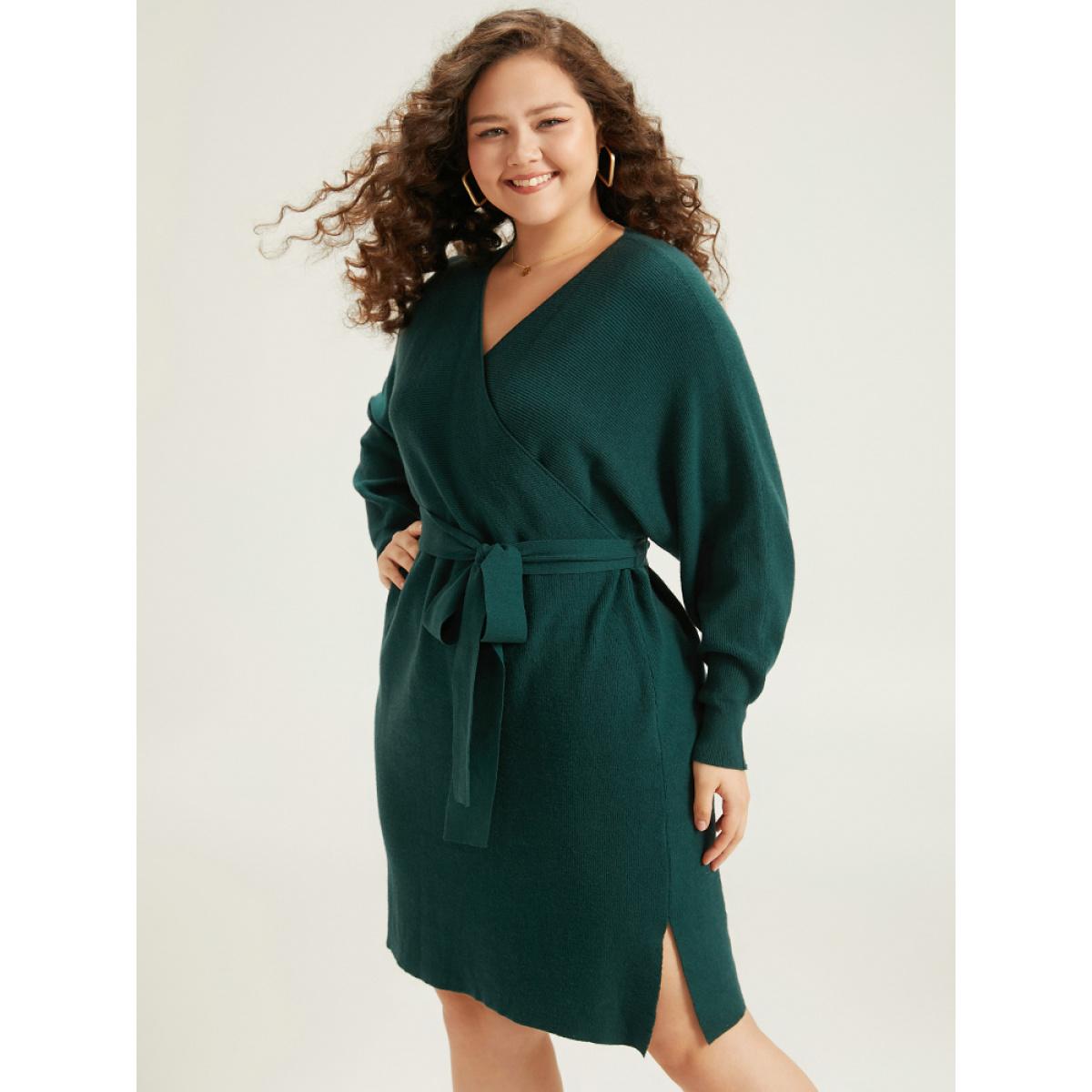 Plus Size Supersoft Essentials Solid Belted Split Batwing Sleeve Sweater Dress DarkGreen Women Casual Loose Long Sleeve Dailywear Sweater Dresses BloomChic 28/5X Product Image