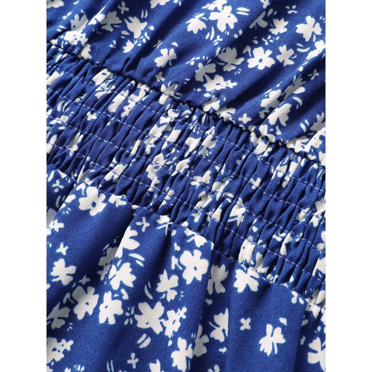 Plus Size Ditsy Floral Pocket Tie Neck Shirred Dress Navy Women Elegant Non Notched collar Elbow-length sleeve Curvy Midi Dress BloomChic 26/4X Product Image