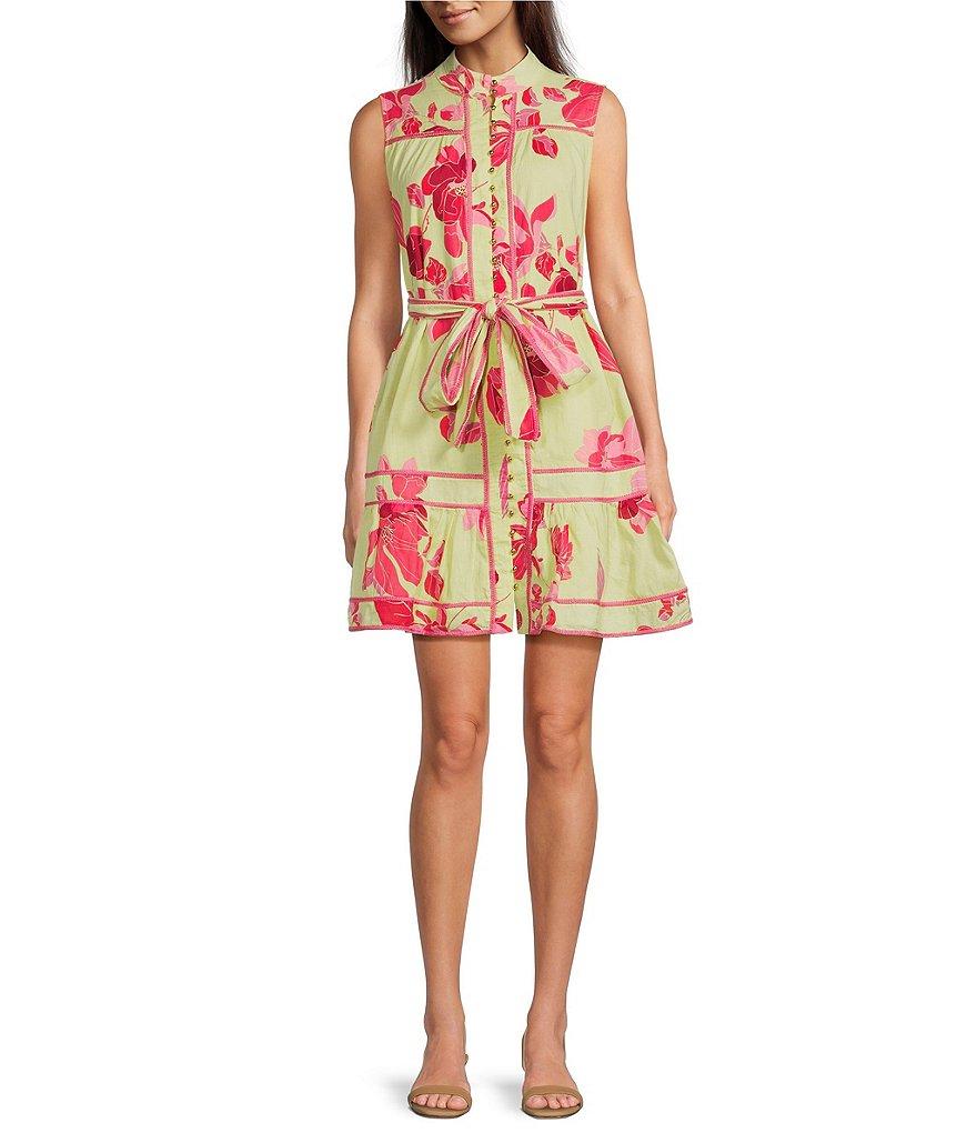 J.Marie Alara Floral Print Mock Neck Sleeveless Button Front Belted A-Line Dress Product Image