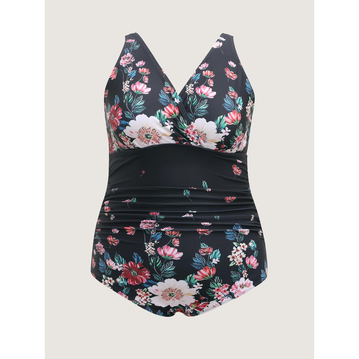 Plus Size Two-Piece Floral Print Sarong, Swimsuit Women's Swimwear Black Resort Curve Bathing Suits High stretch One Pieces BloomChic 30/6X Product Image