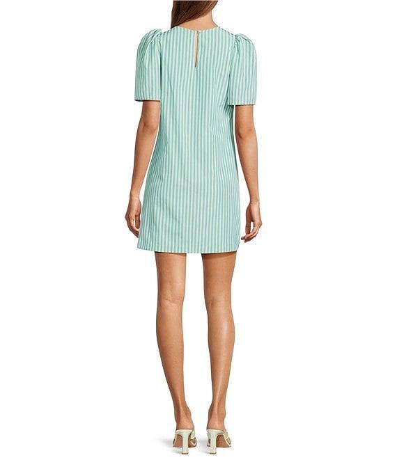Abbey Glass Marty Stripe Print Crew Neckline Short Puff Sleeve Poplin Mini Shift Dress Product Image