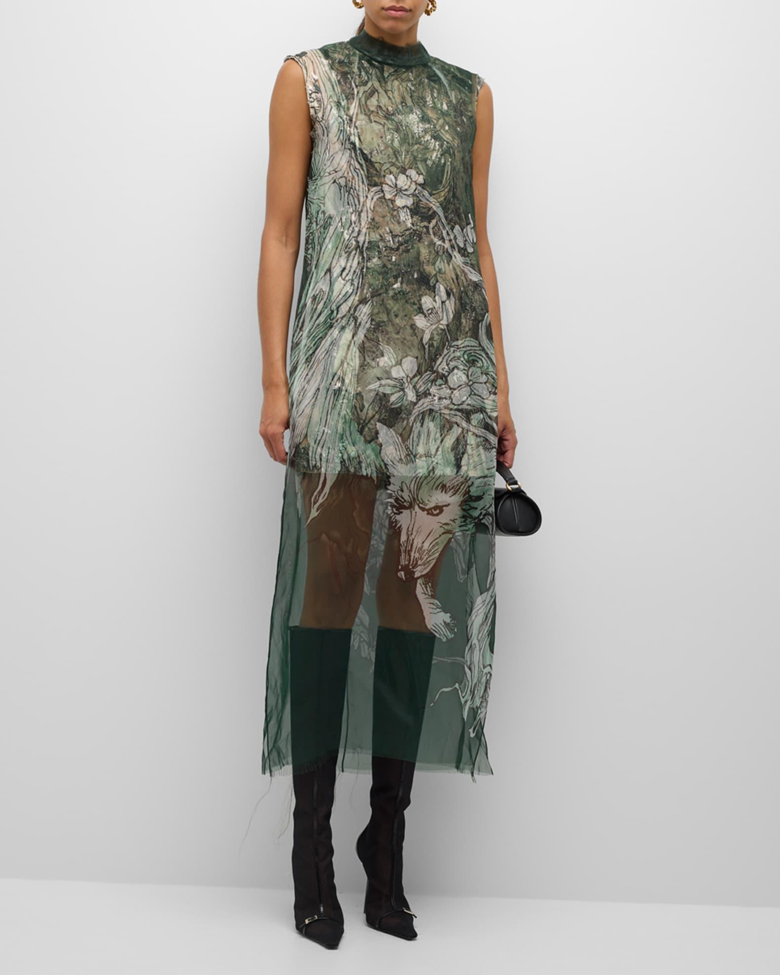 Printed Organza Sleeveless Midi Dress With Crinkle Foil Lining Product Image