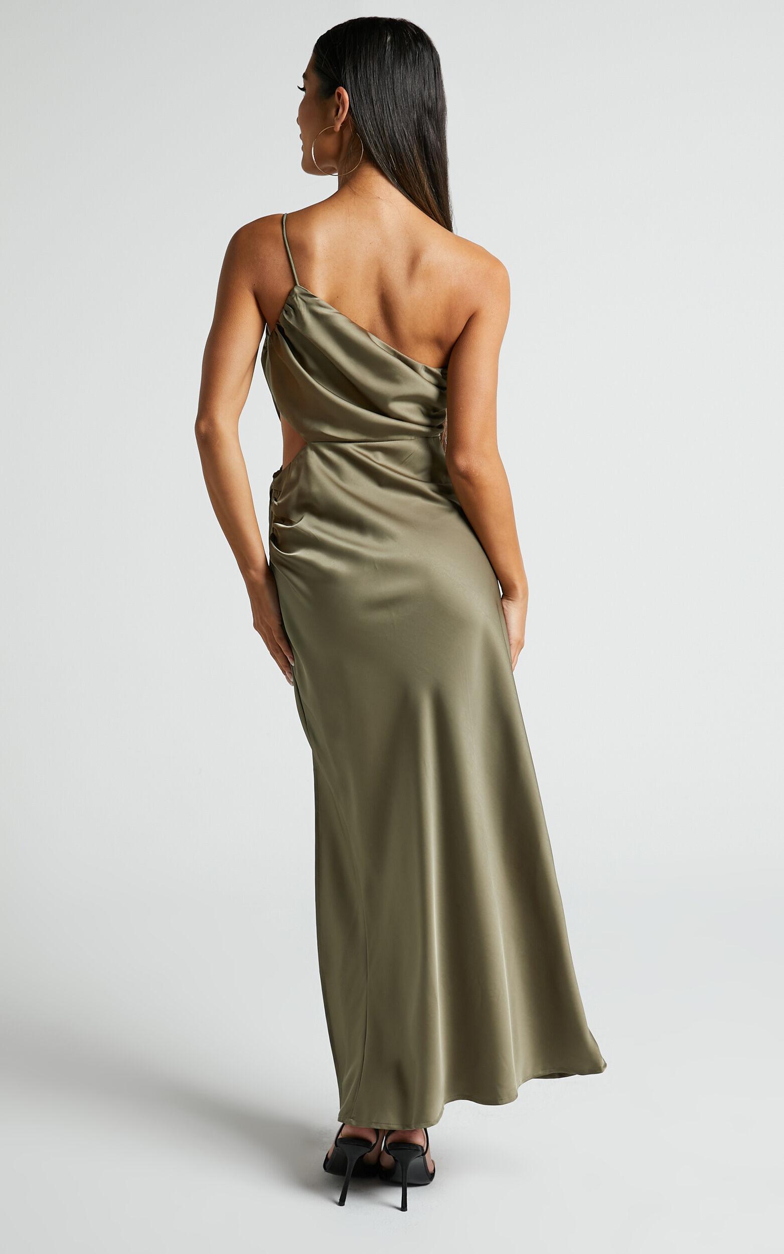 Jaylani Midi Dress - One Shoulder Thigh Split Gathered Satin Dress in Dark Olive Product Image