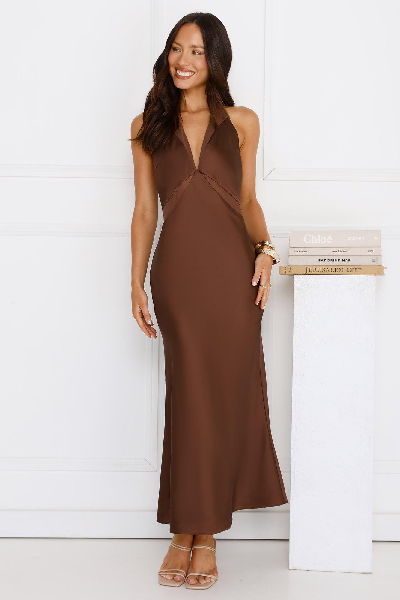Nocturnal Bloom Satin Halter Maxi Dress Brown Product Image