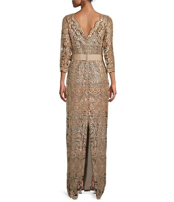 Tadashi Shoji Boat Neck 3/4 Sleeve Sequin Lace Illusion Ribbon Belt Gown Product Image