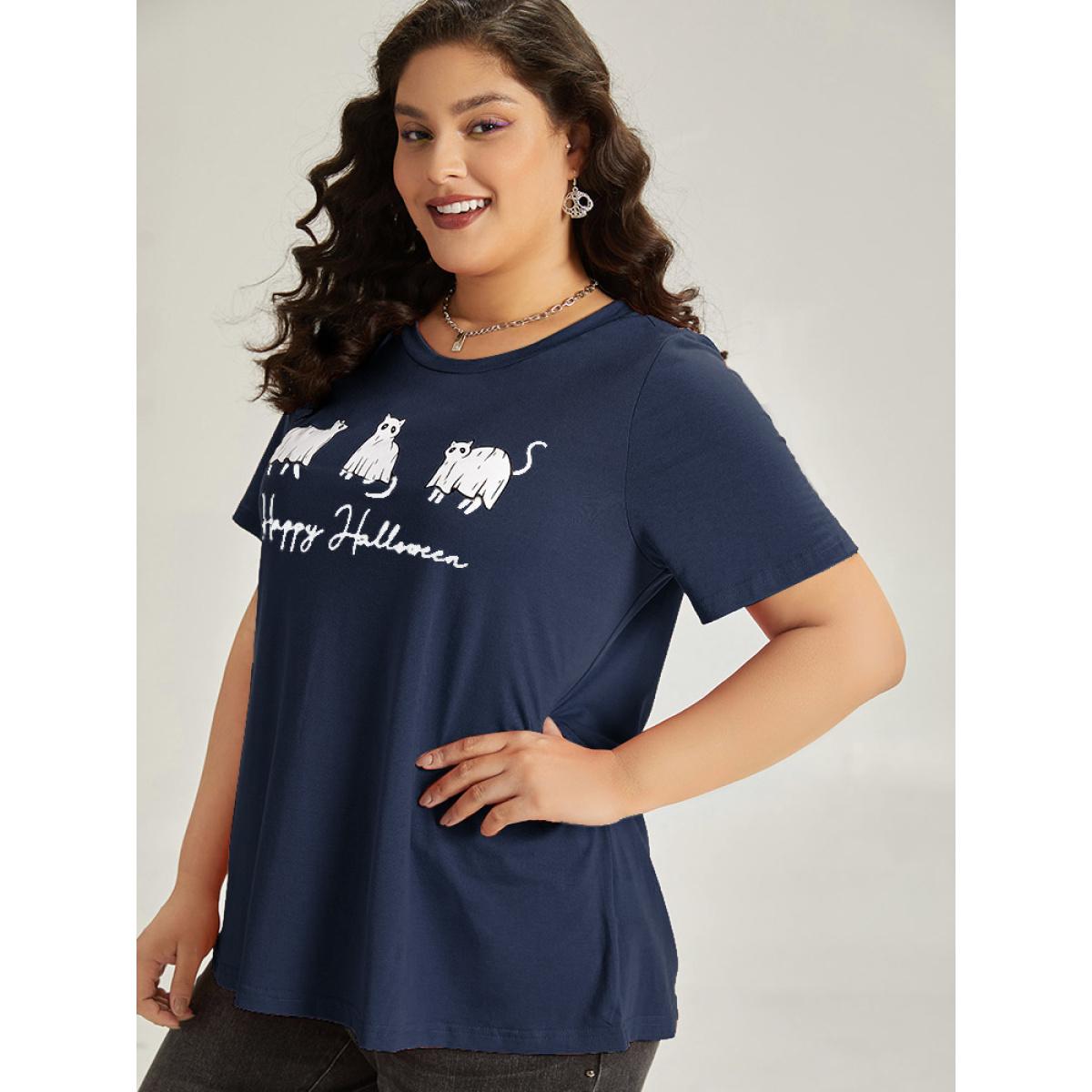 Plus Size Halloween Letter & Animals Crew Neck T-shirt Indigo Women Casual Printed Halloween Festival-Halloween T-shirts BloomChic 14-16/1X Product Image