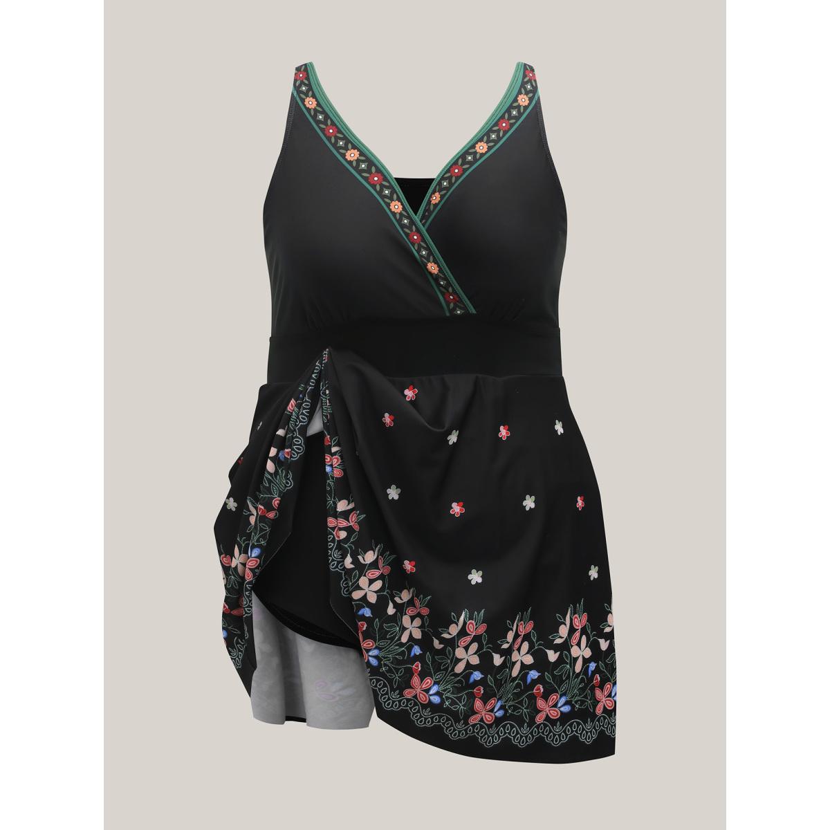 Plus Size Floral Print Surplice Neck Swim Dress Women's Swimwear Black Resort Bodycon Overlap Collar High stretch Curve Swim Dresses BloomChic 18-20/2X Product Image