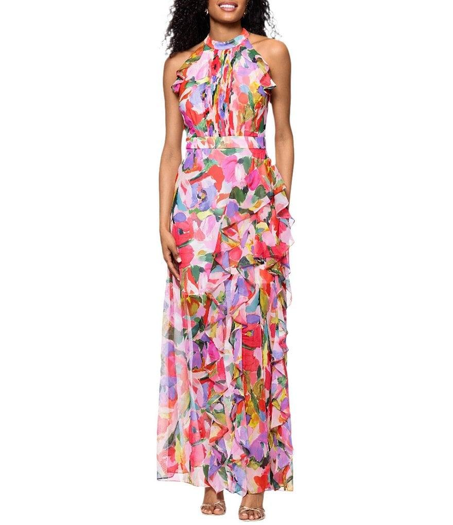 Betsy & Adam Chiffon Floral Print Halter Neck Sleeveless Pleated Ruffle A-Line Gown Product Image