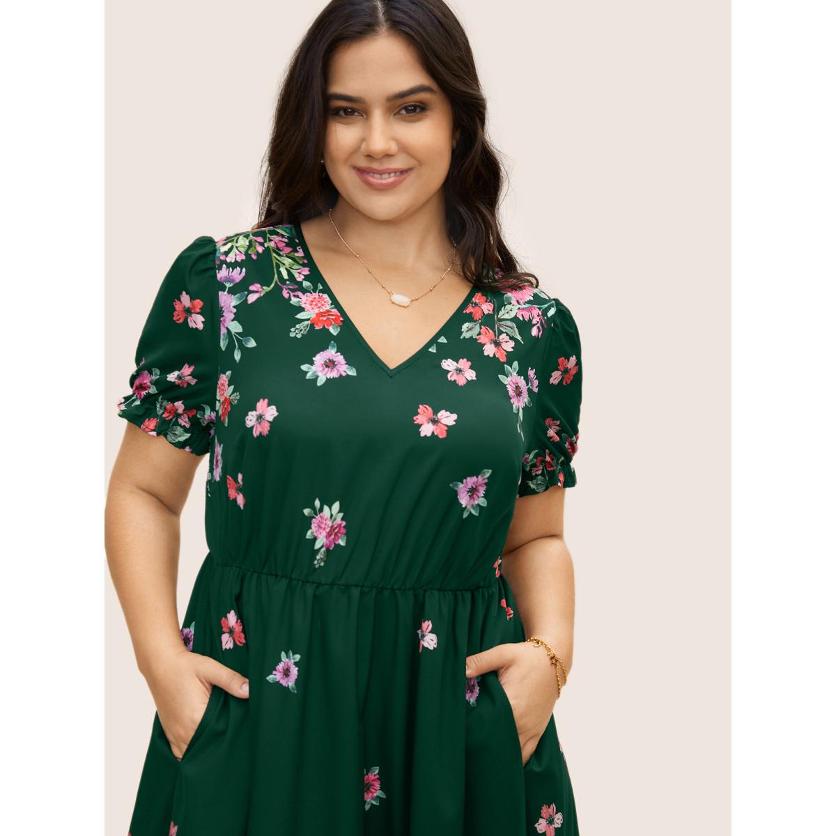 Plus Size Boho Print V Neck Elastic Waist Dress DarkGreen Women Elegant Gathered V-neck Short sleeve Curvy BloomChic 18-20/2X Product Image