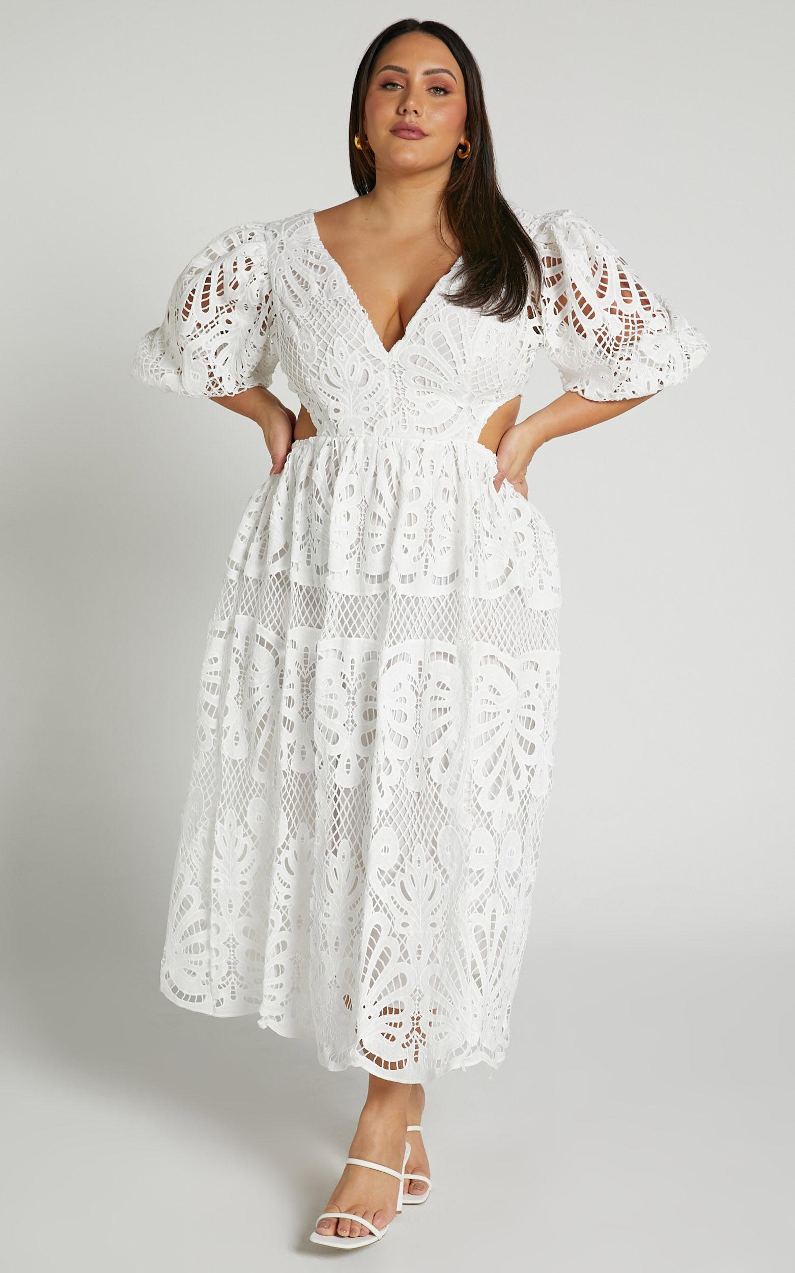 Anieshaya Midi Dress - V Neck Cut Out Lace Dress in White Product Image